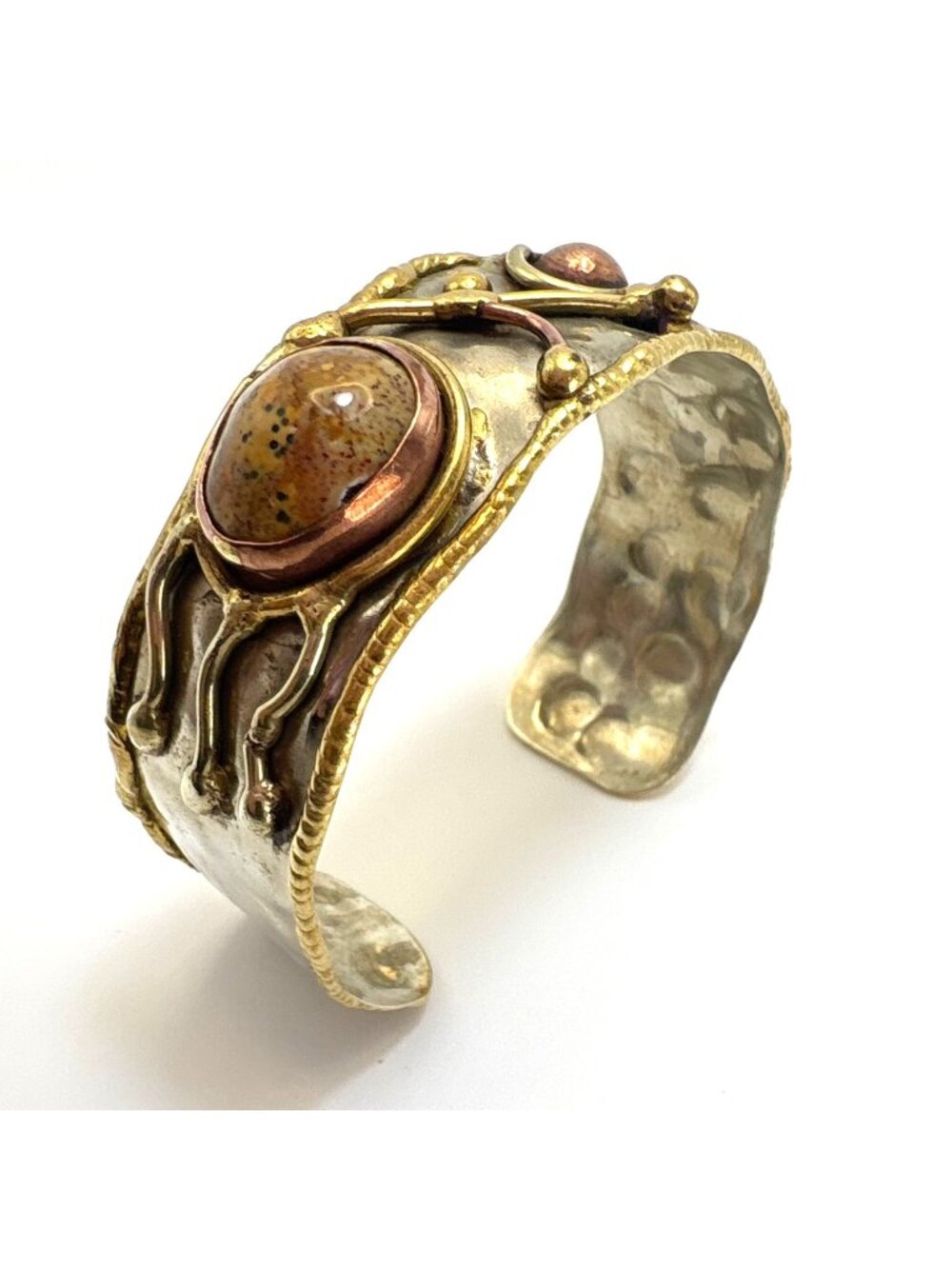 Handmade Agate Hammered Cuff Bracelet Scroll Bead Design Mix Metals